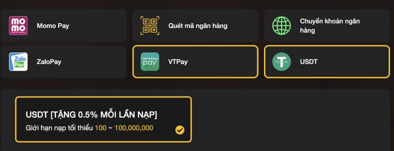 Nạp tiền bằng USDT